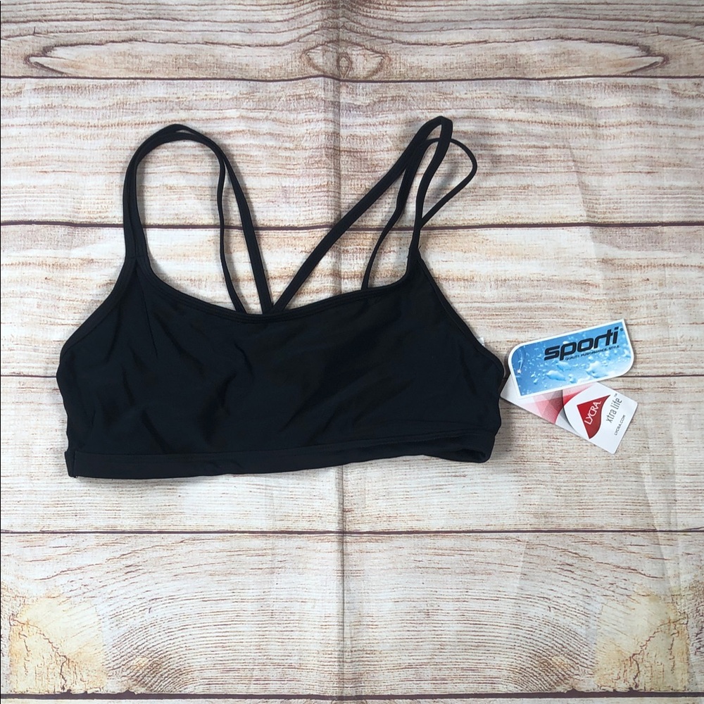 Sporti Black Scoop Neck Strappy Swim Bikini Top‎ with Double Back Straps
